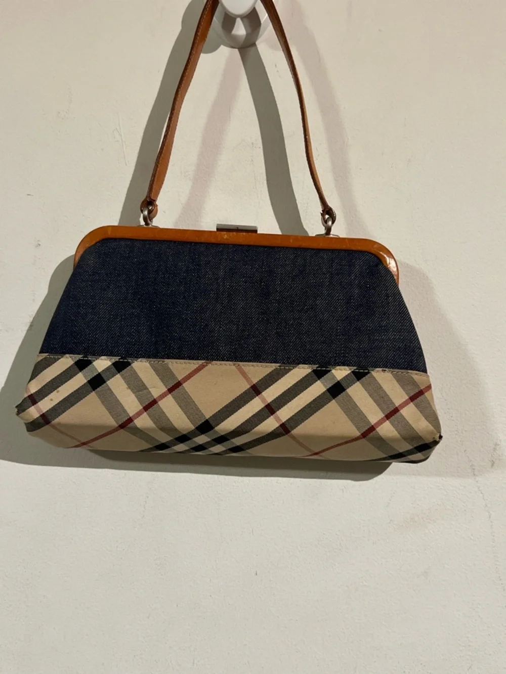 Burberry Navy and Beige Plaid Top-Frame Satchel - Picture 2 of 11